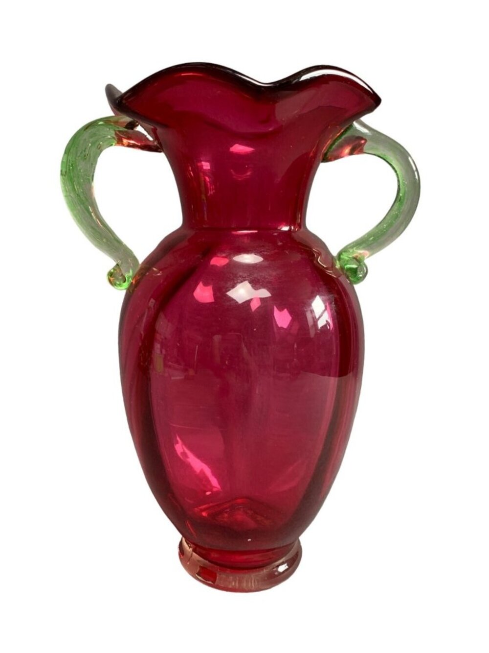 Vintage Hand-Blown Cranberry Glass Vase with Green Handles 9.5" Tall